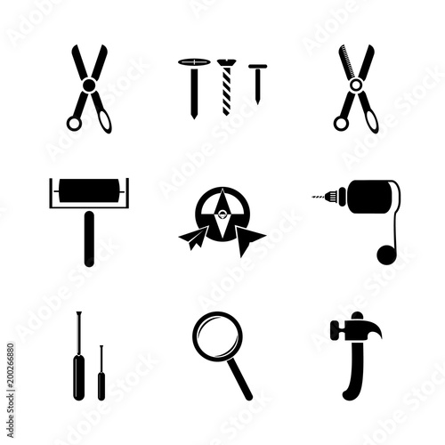 icon Instruments And Tools with compass, map, setting, screw and shape