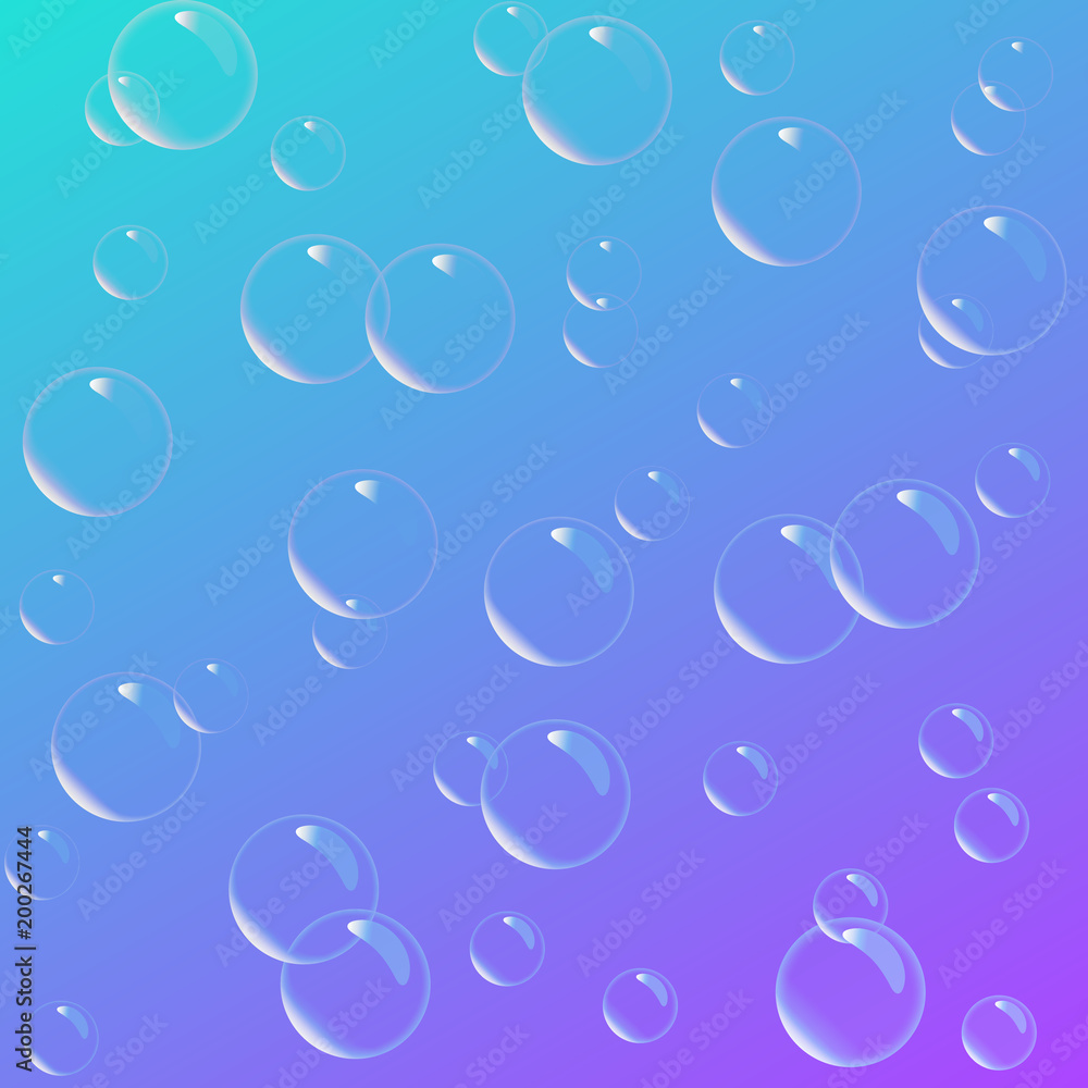 Water soap bubbles on blue and pink background. vector illustration. Realistic Soap bubbles background