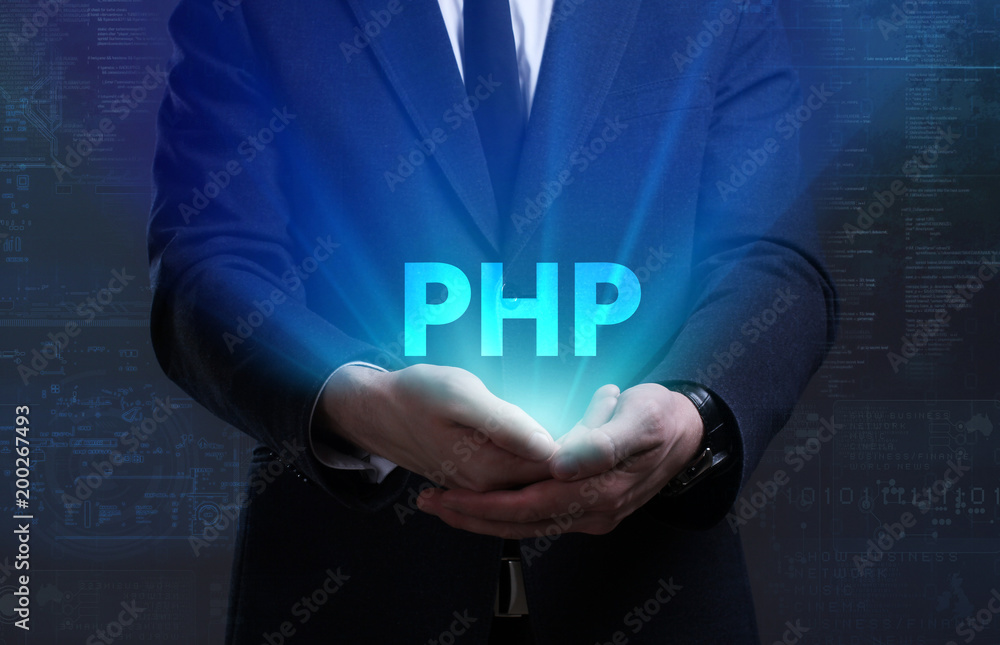Business, Technology, Internet and network concept. Young businessman working on a virtual screen of the future and sees the inscription: PHP Business, Technology, Internet and network concept. Young businessman working on a virtual screen of the future and sees the inscription: PHP