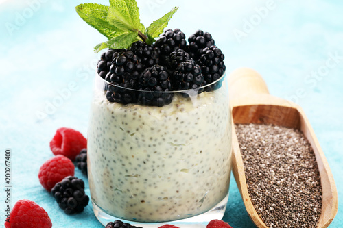 Healthy berry chia pudding in a jar with scattered fruit isolated on rustic grey background