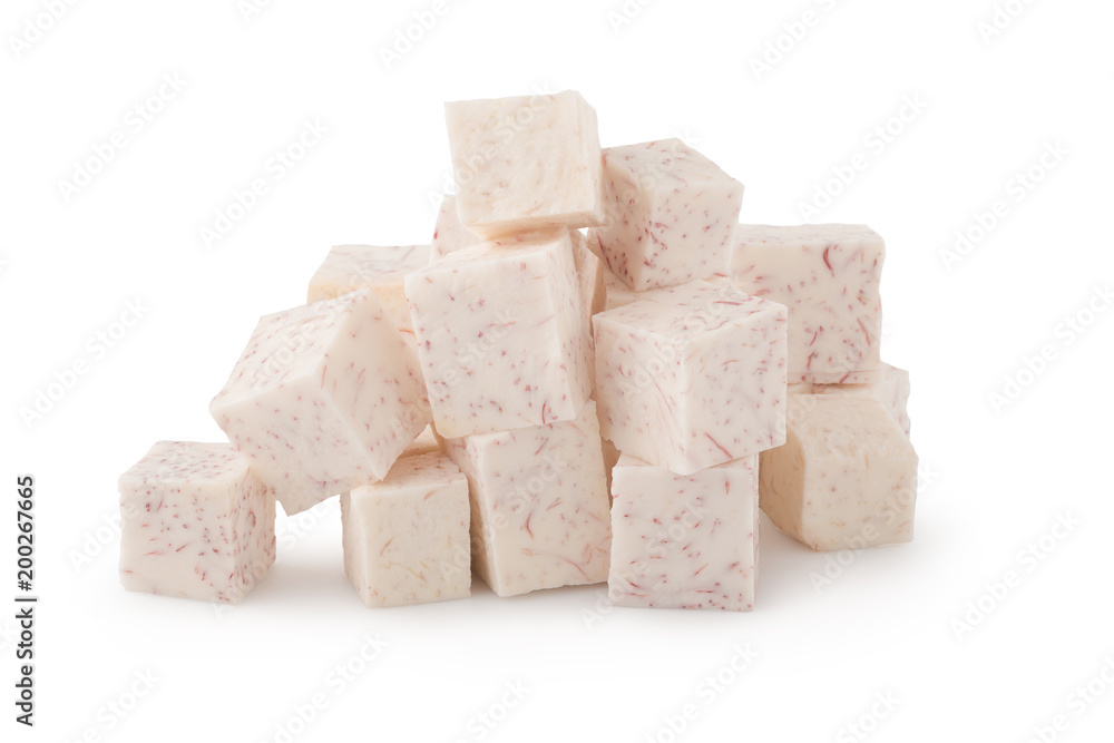 Cube of taro root isolated on a white background Cube of taro root isolated on a white background