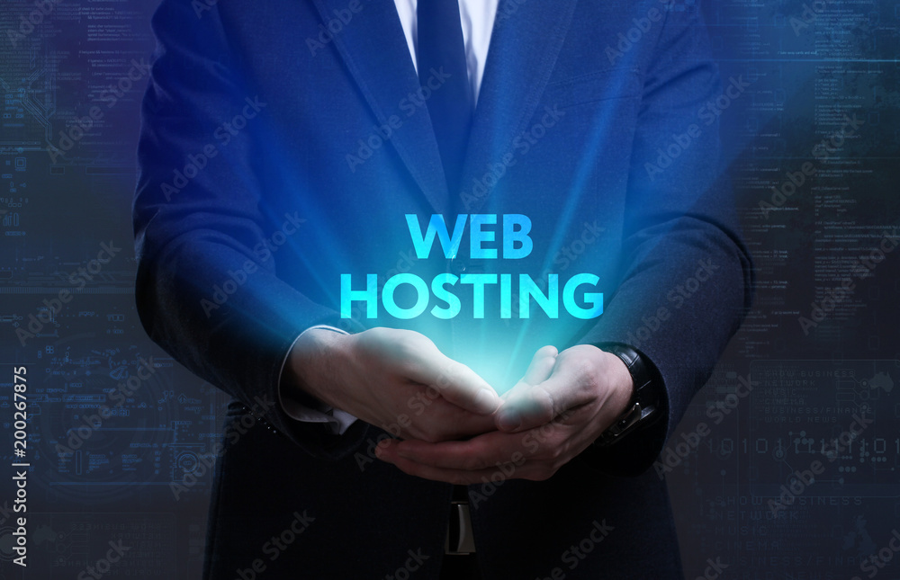 Business, Technology, Internet and network concept. Young businessman working on a virtual screen of the future and sees the inscription: Web hosting Business, Technology, Internet and network concept. Young businessman working on a virtual screen of the future and sees the inscription: Web hosting