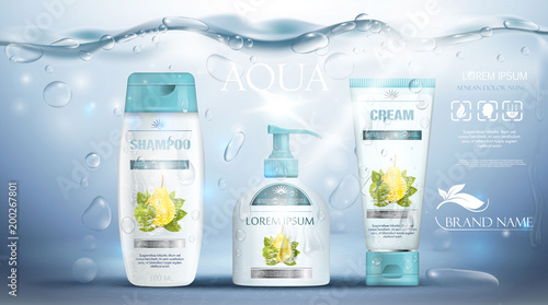 Shampoo packaging, cream tube, soap bottle advertising realistic underwater blue template. Body care products promotion. Vector illustration.