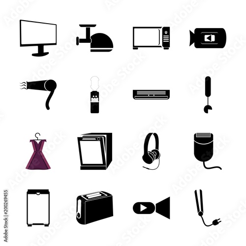 icon Electronic with music, tool, women dress, hair salon and female