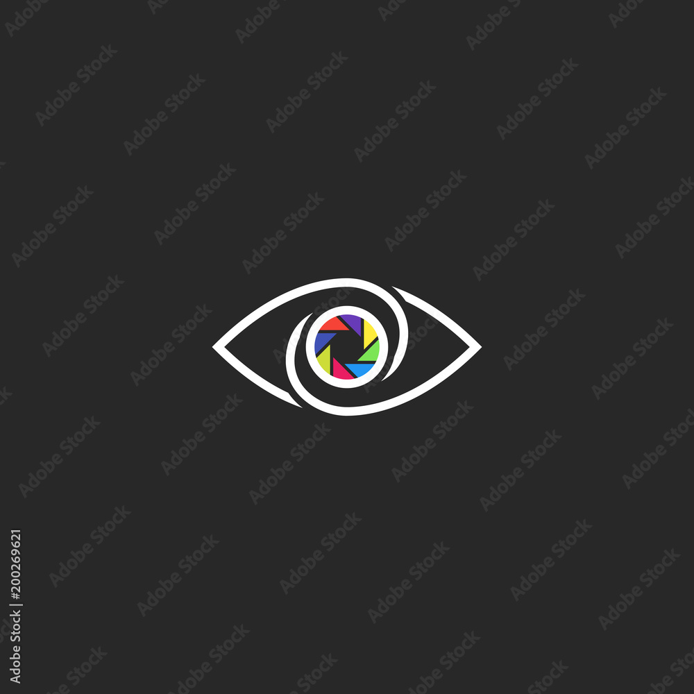 The human eye logo, photographer or photo studio logotype, the pupil in the form of the lens aperture The human eye logo, photographer or photo studio logotype, the pupil in the form of the lens aperture