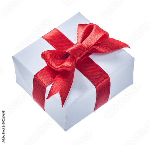 White wrapped gift box with red knot isolated on white