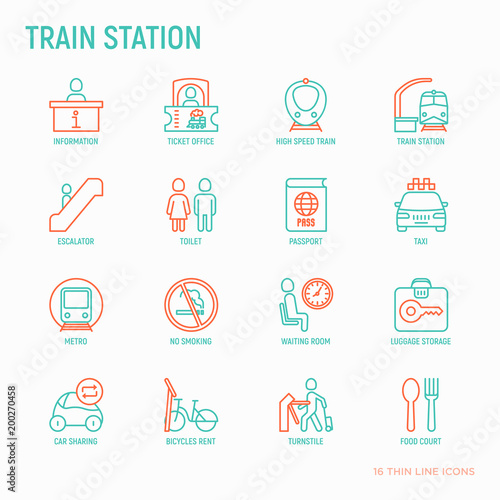 Train station thin line icons set: information, ticket office, toilet, taxi, metro, waiting room, luggage storage, turnstile, food court, no smoking, bicycles rent. Modern vector illustration.