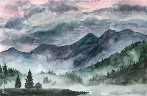 Hand drawn watercolor landscape. Norway, cold nature.