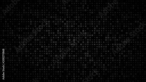 Abstract dark background of small squares or pixels in various sizes in shades of black and gray colors.