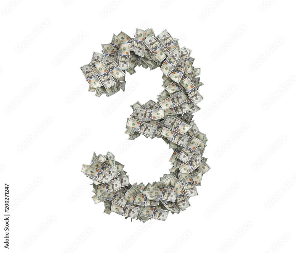 3d rendering of a large number 3 made of countless 100 dollar bills on a white background.
