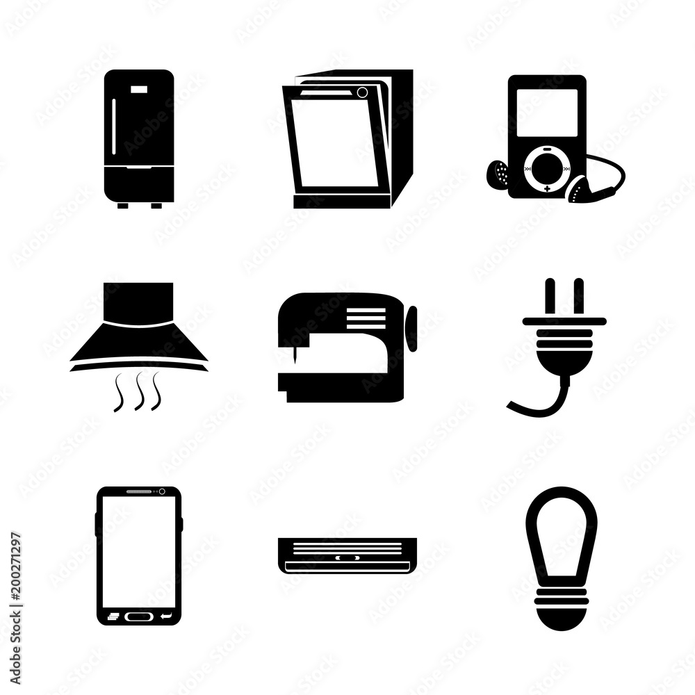 icon Electronic with food, sewing machine, smartphone, domestic and laser icon Electronic with food, sewing machine, smartphone, domestic and laser