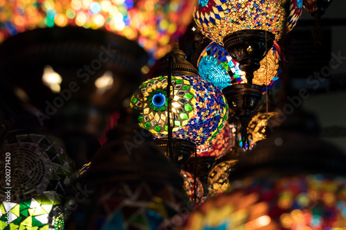 Colorful Moroccan style lanterns lamp hanging down from ceiling