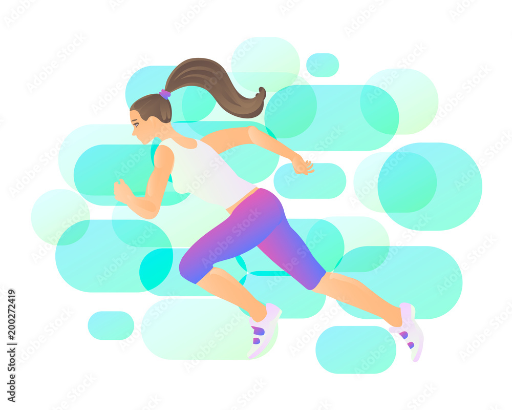 Running girl-athlete. Strength of women, health and activity, call to action and happiness. Running girl-athlete. Strength of women, health and activity, call to action and happiness.