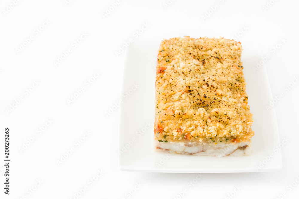 White fish casserole with cheese isolated on white background. Copyspace
