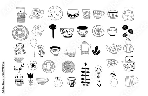 Simple, elegant and stylish collection of modern hand drawn kitchenware, japanese ceramics, logos and illustrations