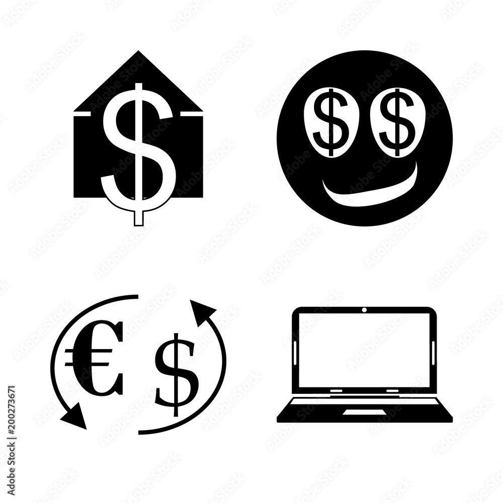 icon Currency with crisis, office, emoji, buying house and computer icon Currency with crisis, office, emoji, buying house and computer