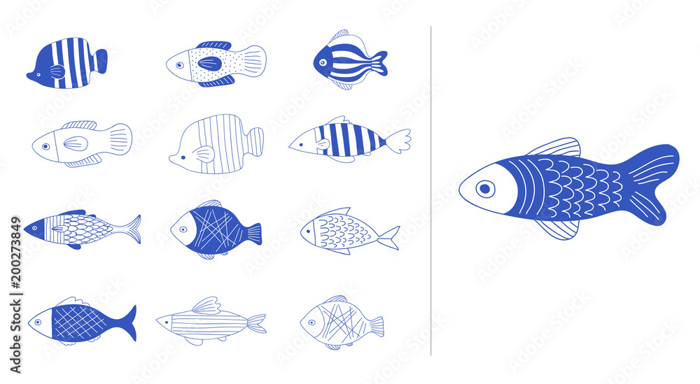 Naklejka premium Simple, elegant and stylish collection of modern hand drawn fish illustrations, logos, design