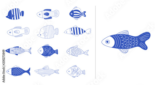 Simple, elegant and stylish collection of modern hand drawn fish illustrations, logos, design