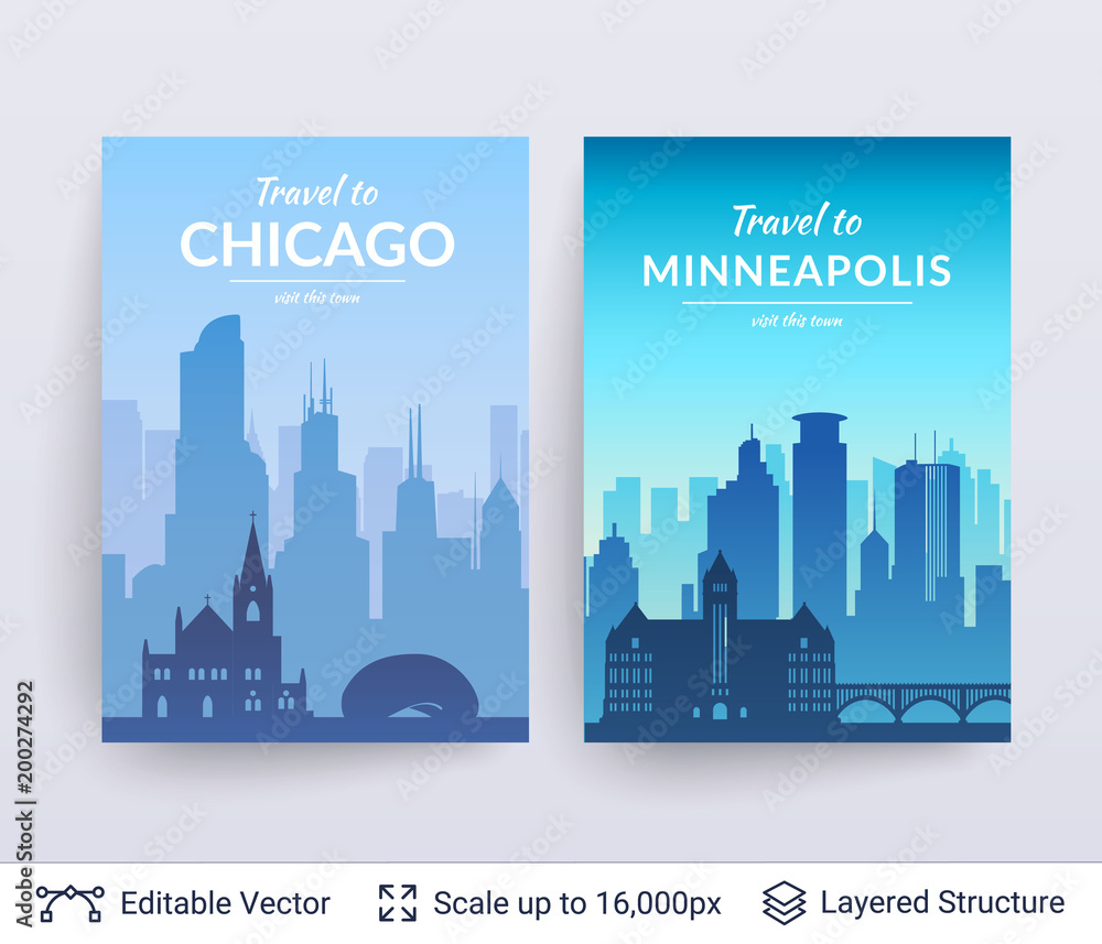 Chicago and Minneapolis famous city scapes.