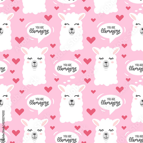 You are llamazing llama seamless pattern.  Cute  llama drawing with lettering, hand drawn vector illustration for cards, t-shirts, cases, textile.