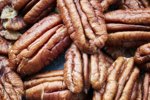 Close up picture of pecan nuts, selective focus.