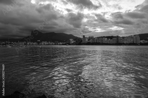 View of Guanabara bay in Rio de Janeiro state, with buildings and clouds in hill called two brothers Brazil 2018