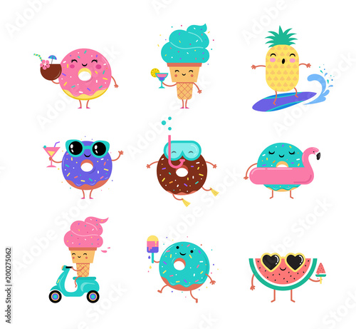 Sweet summer - cute ice cream, watermelon and donuts characters make fun
