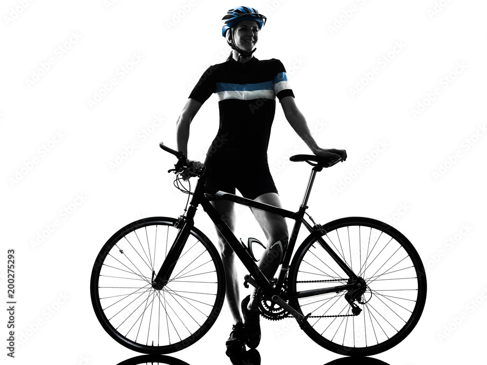 Fototapeta premium one caucasian cyclist woman cycling riding bicycle in silhouette isolated on white background