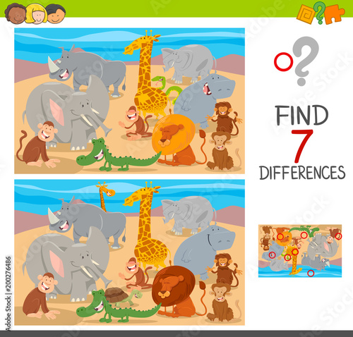 find differences game with wild animal characters