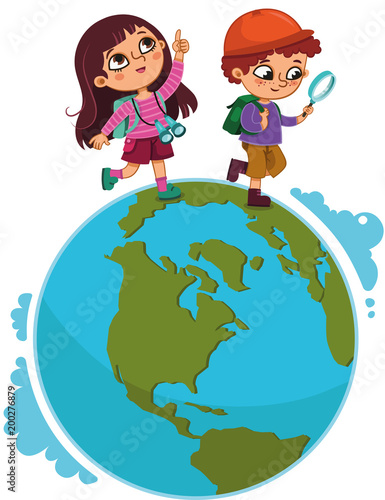 Children walking on planet. (Vector illustration)
