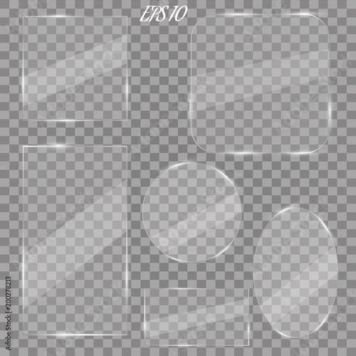 Glass plates set. Vector glass banners on transparent background. Glass mirror, transparent.