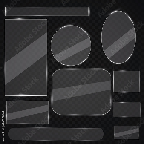 Glass plates set. Vector glass banners on transparent background. Glass mirror, transparent.