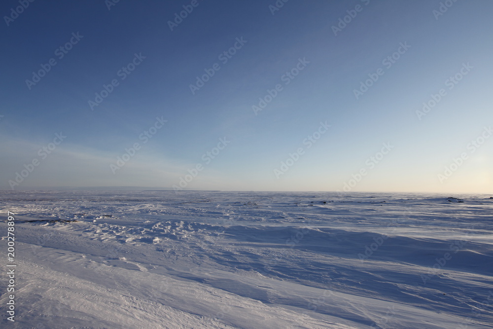 White winter arctic landscape with blowing snow on the ground a blue endless sky, near Arviat Nunavut, Canada White winter arctic landscape with blowing snow on the ground a blue endless sky, near Arviat Nunavut, Canada