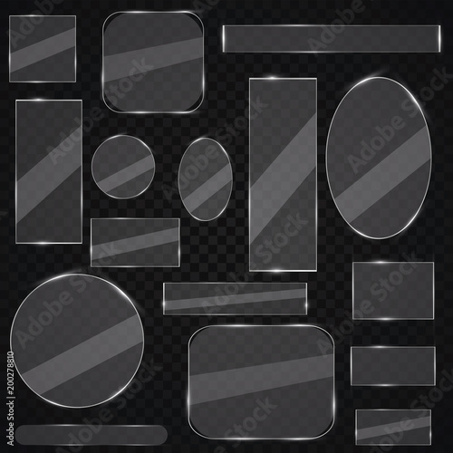 Glass plates set. Vector glass banners on transparent background. Glass mirror, transparent.