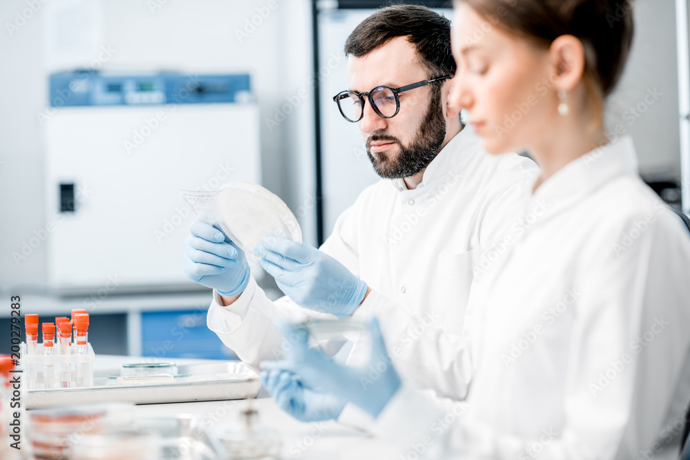 Couple of medics in uniform making bacteriological tests sitting in the modern laboratory Couple of medics in uniform making bacteriological tests sitting in the modern laboratory
