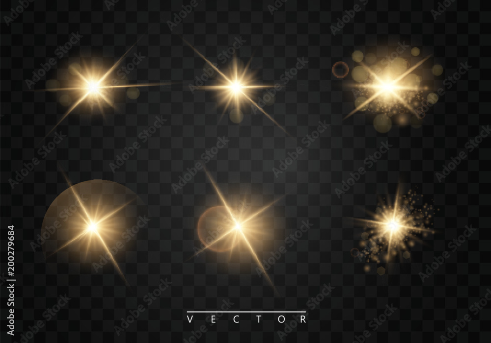 Set. Shining star, the sun particles and sparks with a highlight effect, color bokeh lights glitter and sequins. On a dark background transparent. Vector, EPS10 - obrazy, fototapety, plakaty 