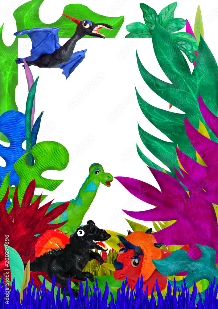 Naklejka premium 3D rendered tropical leaves greeting card template with dinosaurus 