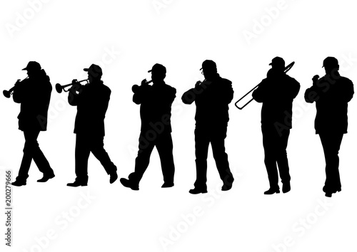 Military musicians on parade on white background