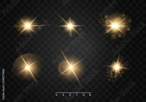 Set. Shining star, the sun particles and sparks with a highlight effect, color bokeh lights glitter and sequins. On a dark background transparent. Vector, EPS10 photo