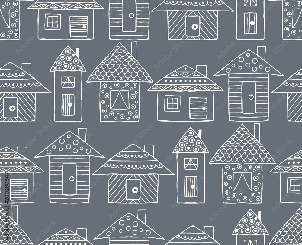 Vector hand drawn seamless pattern, decorative stylized childish houses Line drawing Doodle style, graphic illustration Ornamental cute hand drawing Series of doodle, cartoon, sketch illustrations