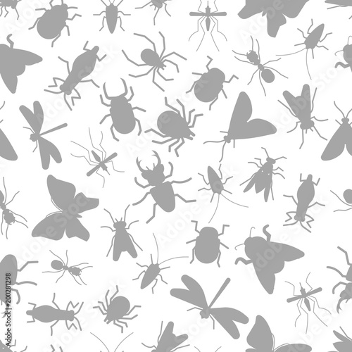 Grey silhouettes insect seamless pattern