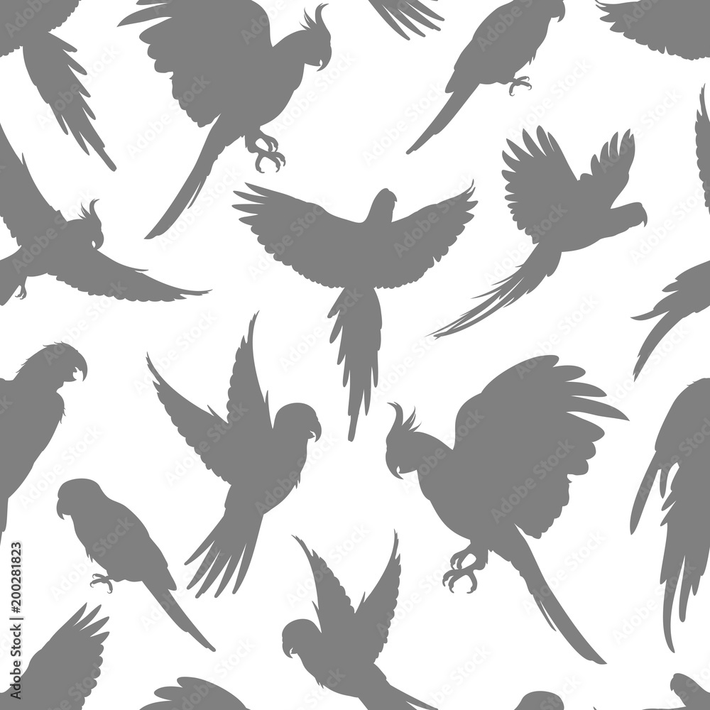 Obraz premium Light grey parrots silhouette seamless pattern