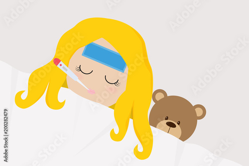 Cute girl caught cold sleeping in bed with teddy bear