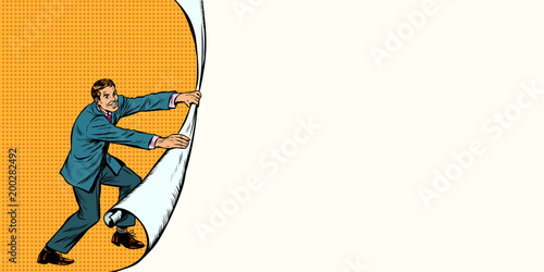 Businessman opens a curtain background