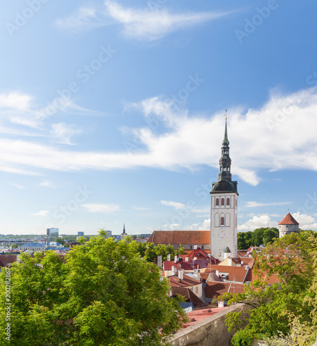 View of the old Tallinn from the highest observation deck and Spire of Saint Nicholas Church