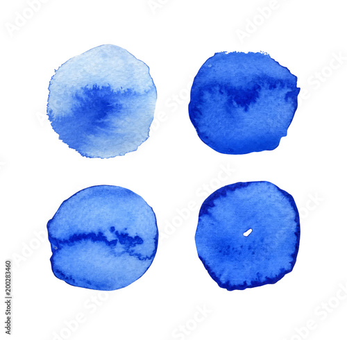 Set of bright blue watercolor blobs, paint circles and dots isolated on white background. Vector illustration