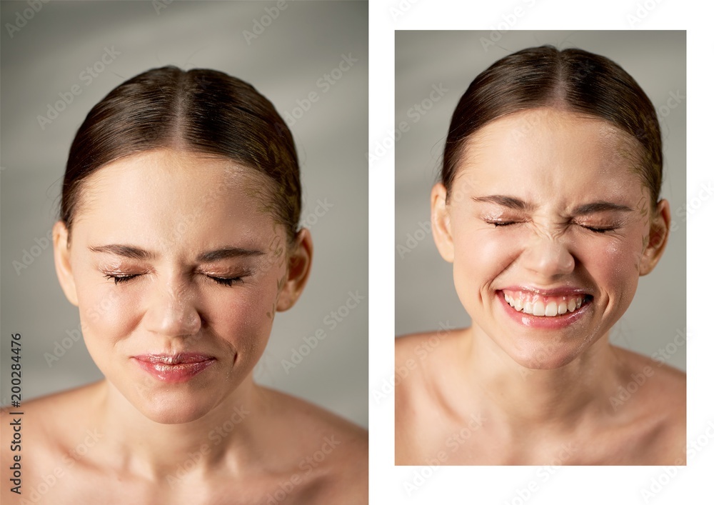 Portrait of young beautiful girl in Studio, with professional makeup. Beauty shooting. Emotional portrait. Wrinkled nose, smile from splashes of water in the face. Joy Portrait of young beautiful girl in Studio, with professional makeup. Beauty shooting. Emotional portrait. Wrinkled nose, smile from splashes of water in the face. Joy