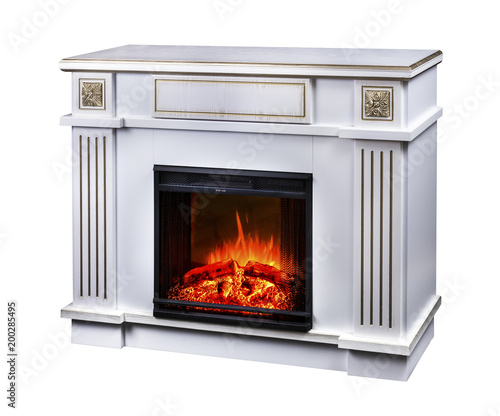 modern decorative electric fireplace with a beautiful burning flame  isolated photo on a white background