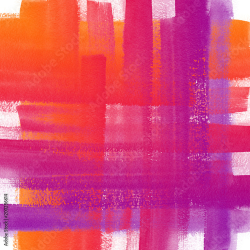 Abstract plaid hand drawn watercolor background. Aquarelle colorful texture. Orange pink ombre backdrop.