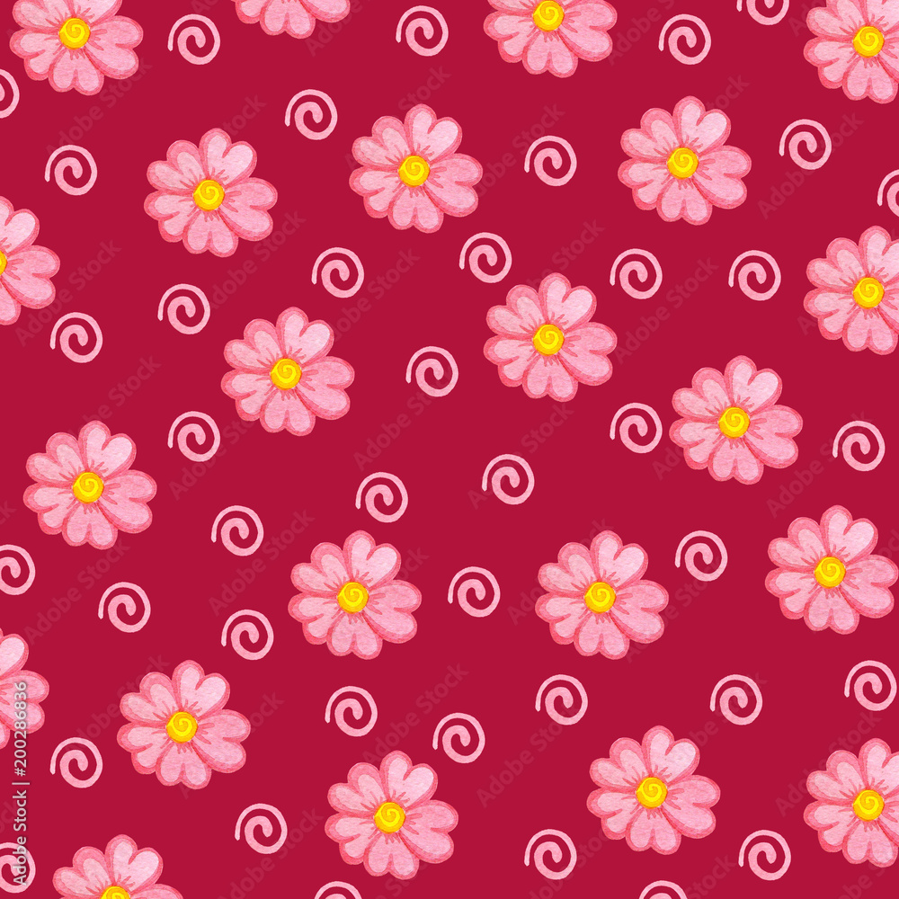 Pattern with pink flowers on a burgundy background Watercolor illustration Pattern with pink flowers on a burgundy background Watercolor illustration